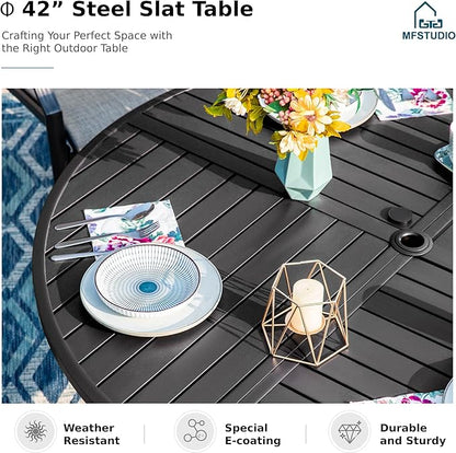 MFSTUDIO Outdoor Dining Set for 4，Round Patio Table and Chairs with Umbrella Hole, 5 Piece Patio Dining Set for Deck, Backyard, Poolside & Garden