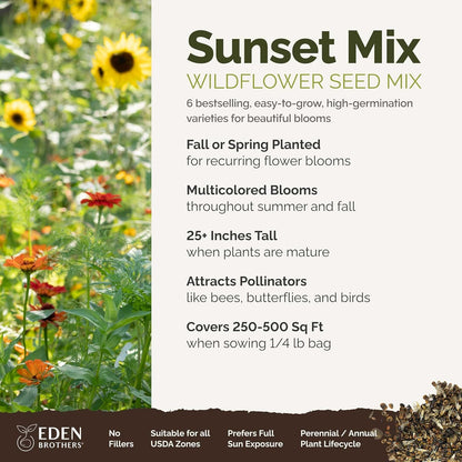 Eden Brothers Sunset Flower Mixed Seeds for Planting, 1/4 lb, 120,000+ Seeds with Cosmos, Zinnia, Sunflower, Corn Marigold, Attracts Pollinators, Plant in Spring or Fall, Zones 3, 4, 5, 6, 7, 8, 9, 10