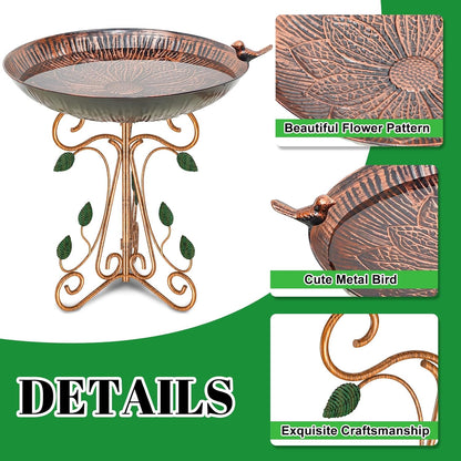 13" Diameter Vintage Metal Bird Bath, Birdbaths with Cast Iron Pedestal, Large Antique Bird Feeder for Outdoors Garden Patio Decor (Copper Lotus)