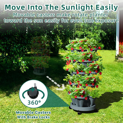 Strawberry Vertical Planter Tower Garden, 7 Tiered Stackable Planter Herb Garden Planter with Movable Casters and Bottom Saucer Indoor and Outdoor - Dark Grey