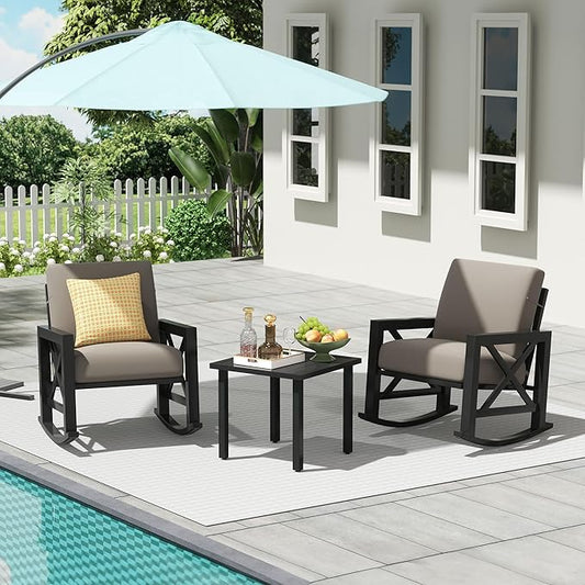 NATURAL EXPRESSIONS Rocking Chair Patio Set, 3 Piece Bistro Furniture Set with 2 Rockers, 1 Metal Coffee Table with Thick Cushions, 2 Pack Waterproof Patio Chair Covers