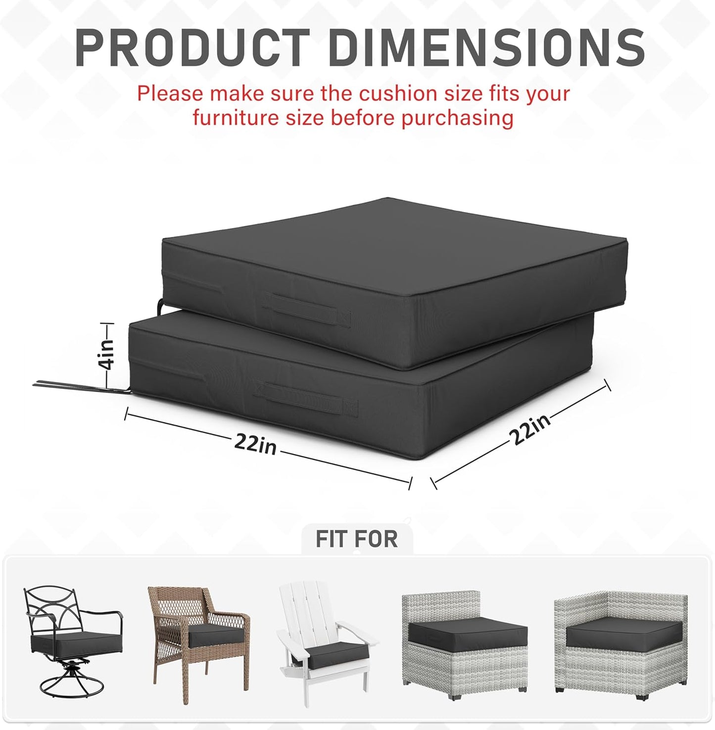 Patio Chair Cushions 22 X 22 X 4 Inch Waterproof Outdoor Seat Cushions for Patio Furniture, Outdoor Sofa Couch Pads with Ties & Handle, Set of 2, Grey