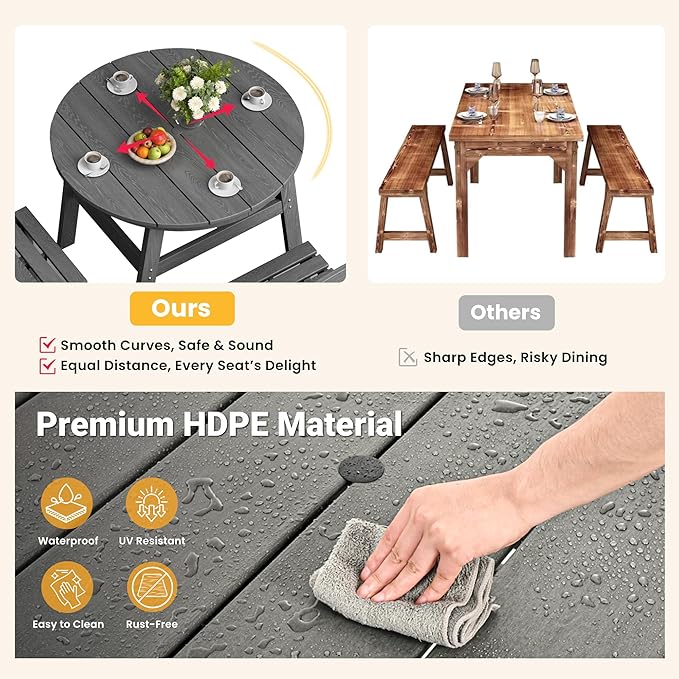 Pamapic 5 PCS Round Outdoor Dining Set, HDPE Outdoor Table and Chairs with 105° Ergonomic Backrest, Wood Grain Patio Dining Table with Umbrella Hole, Gray