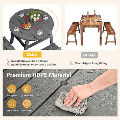 Pamapic 5 PCS Round Outdoor Dining Set, HDPE Outdoor Table and Chairs with 105° Ergonomic Backrest, Wood Grain Patio Dining Table with Umbrella Hole, Gray