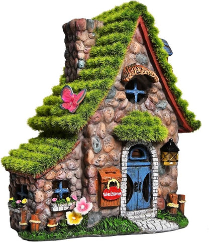 ASAWASA Resin Fairy House Statues with Solar Powered Lights, Funny Garden Sculptures with Flocked and Cobblestone Decor, Exquisite Garden Cottage Figurines