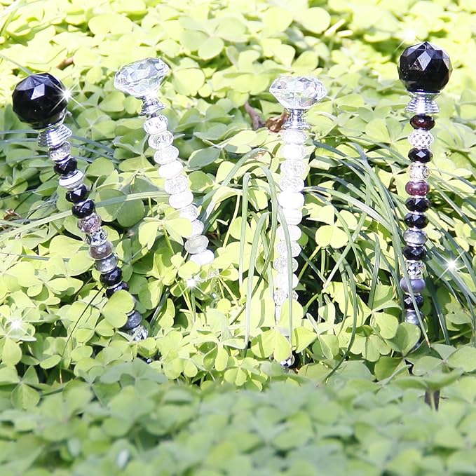 119 Pcs Garden Stake DIY Fairy Wand Plant Stake with Black White Large Hole Beads Crystal Diamond Stopper Top 4 Stainless Steel Threaded Rod Beaded Garden Stakes for Outdoor Indoor Yard Decorations