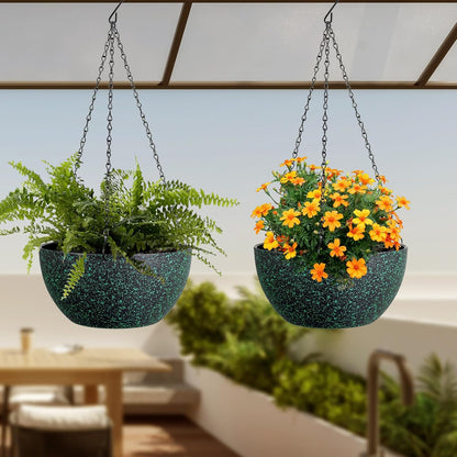 8 inch Small Hanging Planters for Indoor Outdoor Plants, 2 Pack Hanging Flower Pots with Drainage Holes and Chain, Plastic Hanging Baskets for House Plants, Black with Green Speckles