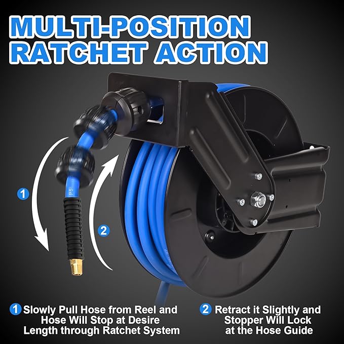 Heavy Duty Retractable Air Hose Reel, 3/8 IN x 50 FT Hybrid Air Hose, Max 300PSI Air Compressor Hose Reel with Auto Rewind, Ceiling/Wall Mount Single Arm Premium Steel Reel for Garage Workshop