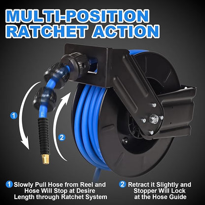 Heavy Duty Retractable Air Hose Reel, 3/8 IN x 50 FT Hybrid Air Hose, Max 300PSI Air Compressor Hose Reel with Auto Rewind, Ceiling/Wall Mount Single Arm Premium Steel Reel for Garage Workshop