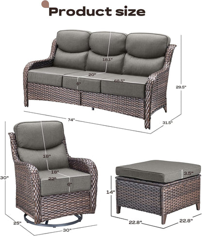 Wicker Outdoor Patio Furniture Set - 5 Piece Patio Conversation Sets with Swivel Rocker Chairs, Ottomans and Sofa, 6 inch Cushions, Waterproof Wicker, for Porch Deck Brown/Grey