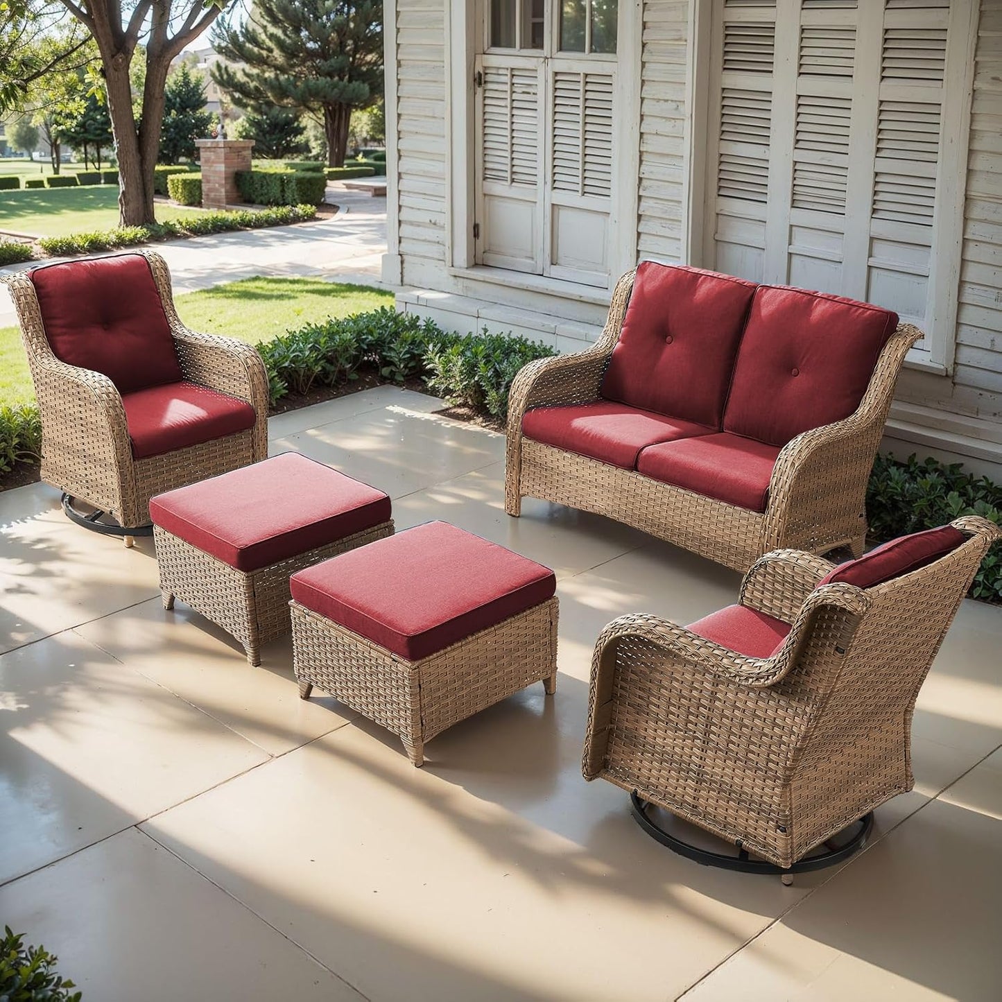 Outdoor Wicker Patio Furniture Set - 5 Piece Rattan Patio Conversation Set with 2 Rocking Swivel Chairs,2 Ottomans and 1 Loveseat for Porch Deck Backyard Garden(Yellow/Red)