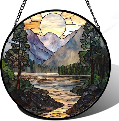 Stained Glass Window Hanging, Sunset Mountains Lake Tree Sun Catcher for Window Home Decor Landscape Suncatcher Mother's Day Birthday Gifts for Women Men Mom and Nana 9.8 in