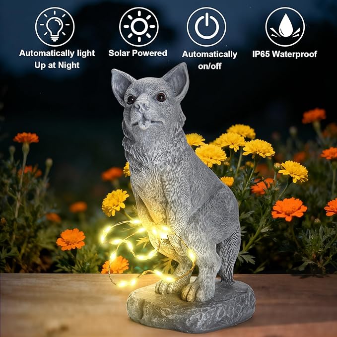 Garden Statues Dog Statue with Solar LED Light, Ideal Gifts for Friends or Family's Birthday, Outdoor Decorations for Yard