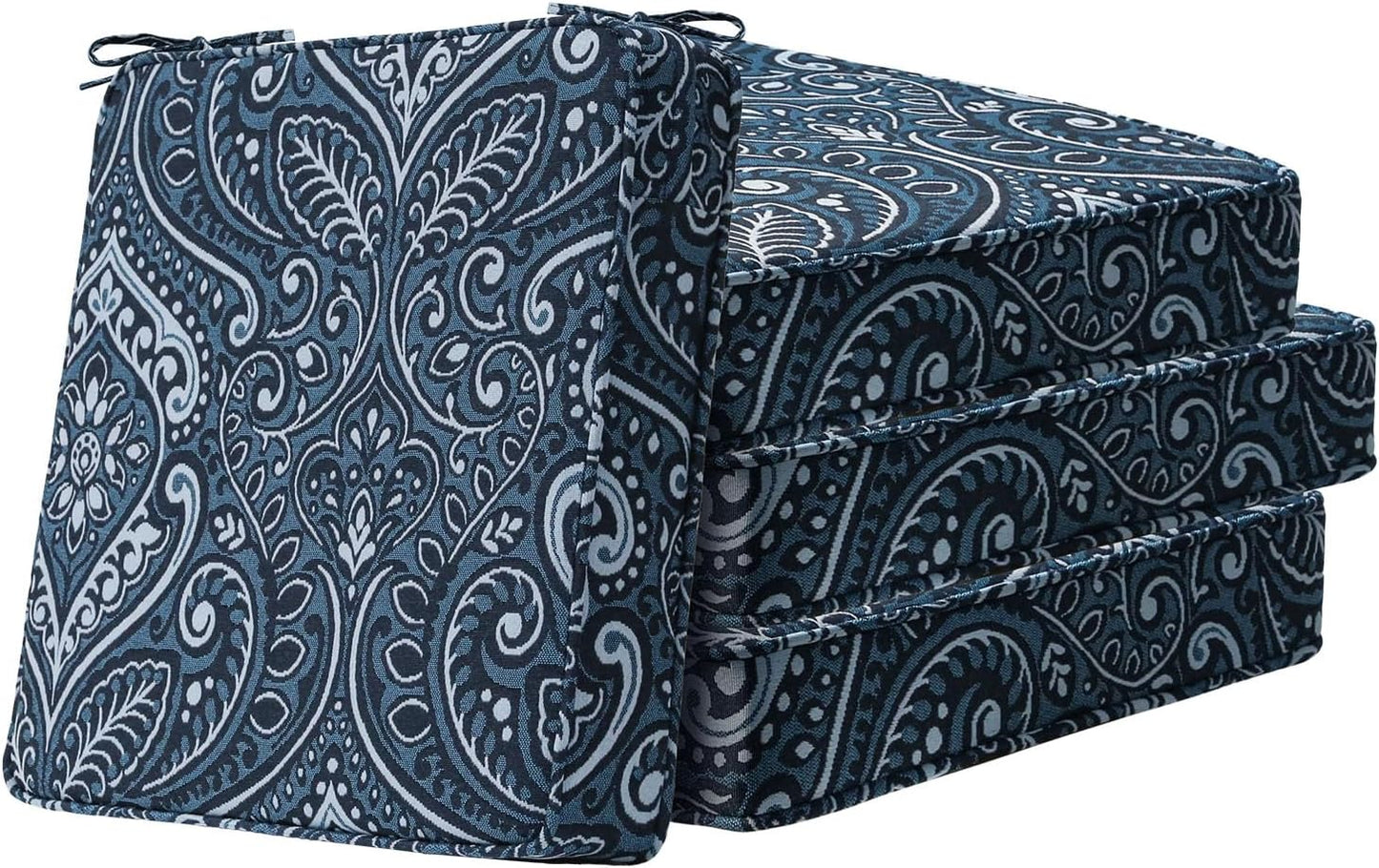 Square Corner Seat Cushions, 19" x 19" x 3", Set of 4, Indoor Outdoor Water Repellent Universal Chair Pads with Ties for Patio Furniture, Garden Deck Dining Chairs, Damask Blue Flower