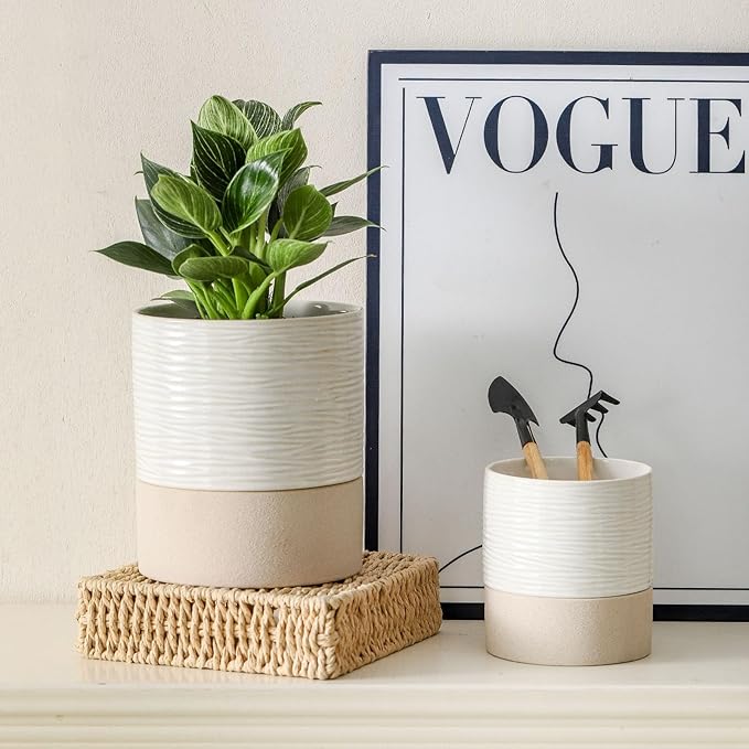 Nihow Self Watering Plant Pot for Indoor Plants: 4.5+6 Inch Ceramic Planter with Drainage Hole & Water Storage Plus - Cylinder Flower Pot with Wick for Herbs -White & Brown