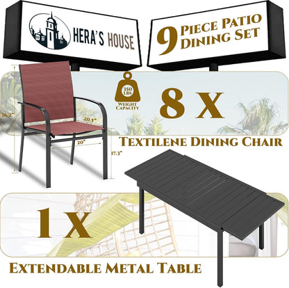 HERA'S HOUSE 9 Pieces Patio Dining Set, Outdoor Table Chairs Set for 8, 8 x Dining Red Chair and 1x Extendable Metal Dining Table for Patio, Lawn, Garden, Porch