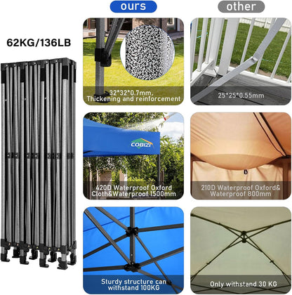 COBIZI 10x30 Pop up Canopy, Heavy Duty Outdoor Party Tents for Parties, Ez up UPF 50+ Waterproof Commercial Canopy with Wheeled Bag can fold, Blue(Windproof Upgraded)