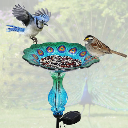 John's Studio Peacock Bird Bath for Outdoor - Glass Bowl Solar Light Cage Outside Dish Bird Feeder with Metal Stake for Garden, Yard and Patio - 32 inches