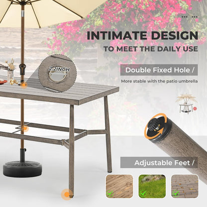 HAPPATIO Patio Table for 6, Large Modern Rectangle Outdoor Dining Table with Umbrella Hole and Adjustable Feet, All Weather Aluminum Patio Table for Garden, Backyard and Poolside, Grey