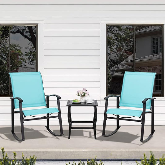 Shintenchi 3 Piece Rocking Bistro Set, Outdoor Furniture with Rocker Chairs and Glass Coffee Table Set of 3, Balcony, Porch Furniture for Small Space, Blue