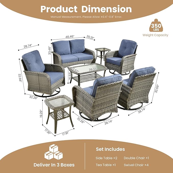 8-Piece Wicker Patio Furniture Set, All-Weather Rattan Conversation Bistro Loveseat Chair and Patio Rockers Set for Backyard, Balcony and Deck with Soft Cushions and Metal Table(Blue)