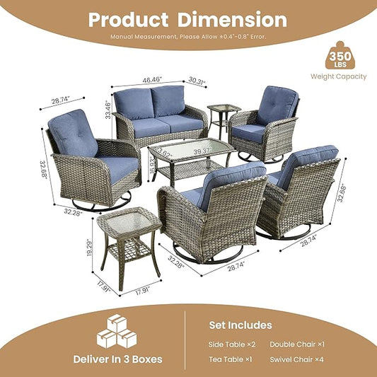 8-Piece Wicker Patio Furniture Set, All-Weather Rattan Conversation Bistro Loveseat Chair and Patio Rockers Set for Backyard, Balcony and Deck with Soft Cushions and Metal Table(Blue)