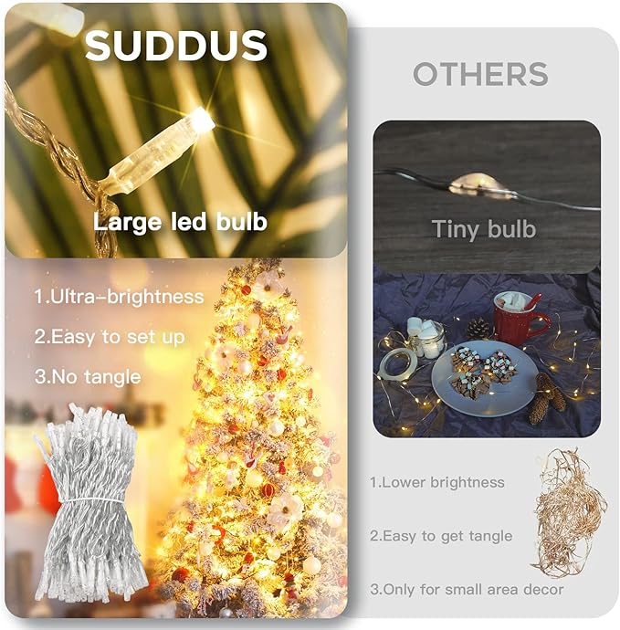 suddus 200 Led Connectable Christmas Lights Outdoor Waterproof, 66ft Fairy Lights Plug in with Remote, Warm White Christmas Tree Light Indoor for Xmas Holiday, Party, Porch, Patio, Garden Decor