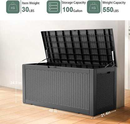 DRATO 100 Gallon Large Deck Box, Outdoor Storage Box for Patio Furniture, Patio Cushions, Gardening Tools, Pool Supplies,660lbs Weight Capacity,Waterproof Resin Storage Boxes