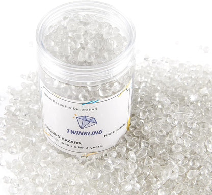 TWINKLING High Luster Round Fire Glass Stones,Glass Marbles Pebbles,Glass Beads Gems for Fire Pit Vase Fillers Crafts Aquarium Garden Decoration,3-6mm,1-Pound Jar (Crystal)