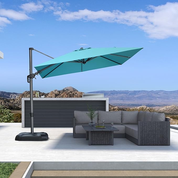 PURPLE LEAF 9' X 9' Left-right Tilt Patio Umbrella Outdoor Cantilever Swivel Square Umbrella with Tilt Aluminum Offset Umbrella with 360-degree Rotation for Garden Deck Pool Patio Turquoise Blue
