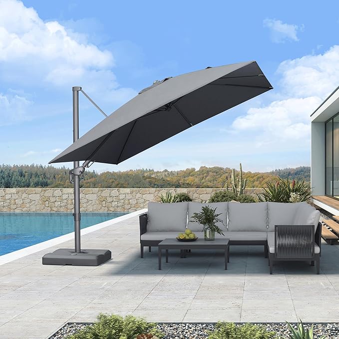 PURPLE LEAF 10' X 10' Left-right Tilting Outdoor Patio Umbrella Swivel Offset Cantilever Heavy Duty Rectangle Aluminum Umbrella with UV Resistant for Deck Pool Patio Backyard, Graphite Grey