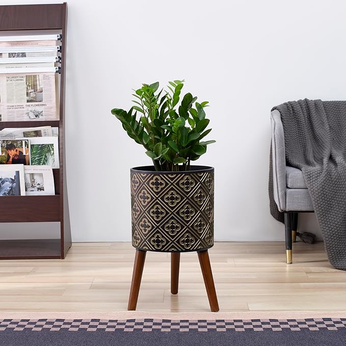 nacltlo12 Inch Planter for Indoor Plants,Plant Pot with Stand,Large Modern Mid-Century Plant Pots Indoor Outdoor with Drainage for Home Garden Patio,Black and Gold