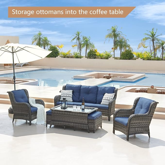Outdoor Patio Wicker Furniture Set - 6 Piece Rattan Patio Conversation Sectional Sofa Set with 1 Couch,2 Armchairs,2 Ottomans and 1 Glass Top Coffee Table for Porch Deck Garden(Mixed Grey/Blue)