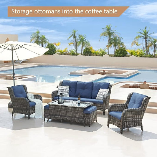 Outdoor Patio Wicker Furniture Set - 6 Piece Rattan Patio Conversation Sectional Sofa Set with 1 Couch,2 Armchairs,2 Ottomans and 1 Glass Top Coffee Table for Porch Deck Garden(Mixed Grey/Blue)