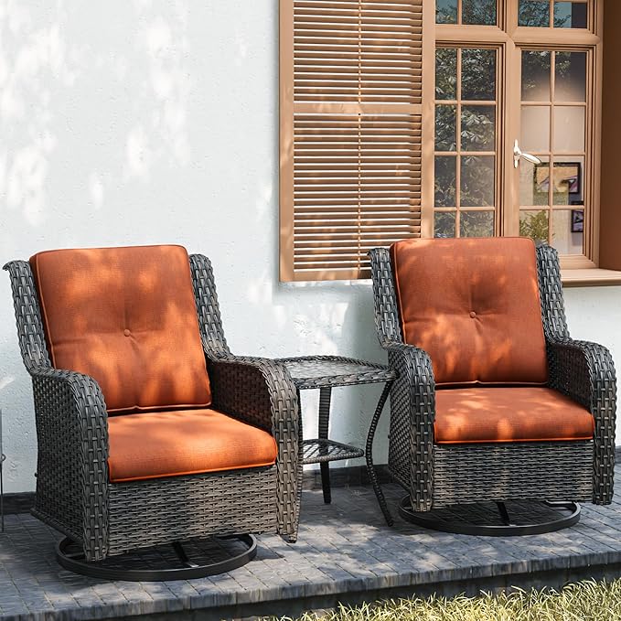 Joyside Outdoor Swivel Rocker Patio Chairs Set of 2 and Matching Side Table - 3 Piece Wicker Patio Bistro Set with Premium Fabric Cushions(Mixed Grey/Orange)
