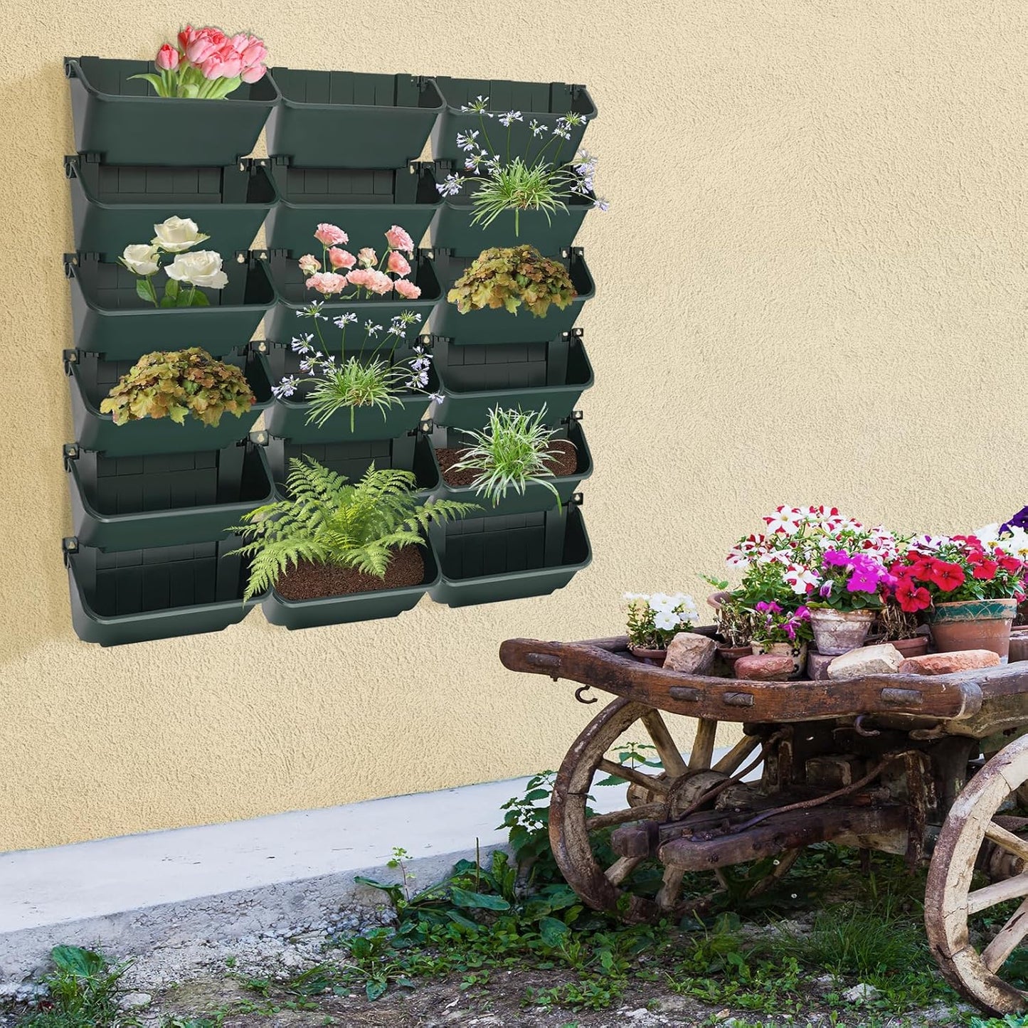 18 Pack Self Watering Wall Mounted Planter, Indoor and Outdoor Vertical Planter Wall Mounted Planter for Patio Outdoor Decor with Drainage Holes, Vertical Garden Planters for Indoor Plants- Army Green