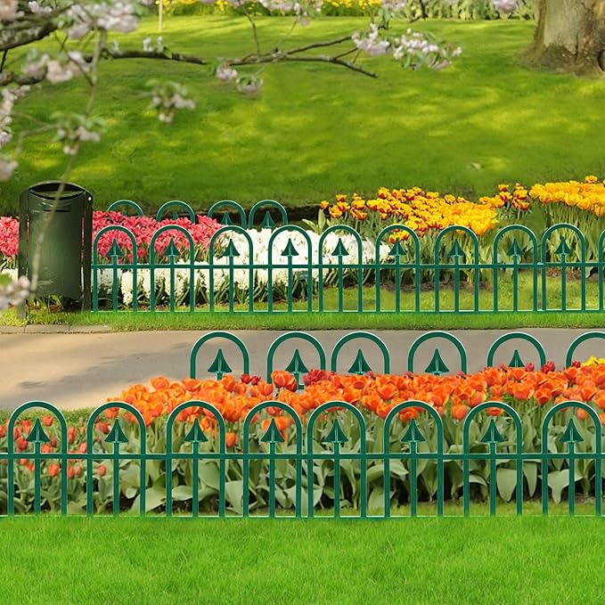 Sunnyglade 12 Pack Garden Edging Decorative Border Recycled Plastic Landscape Garden Fence Flexible No-Dig Spikes Ornamental Wrought Iron Style Decorative Border,Dark Green