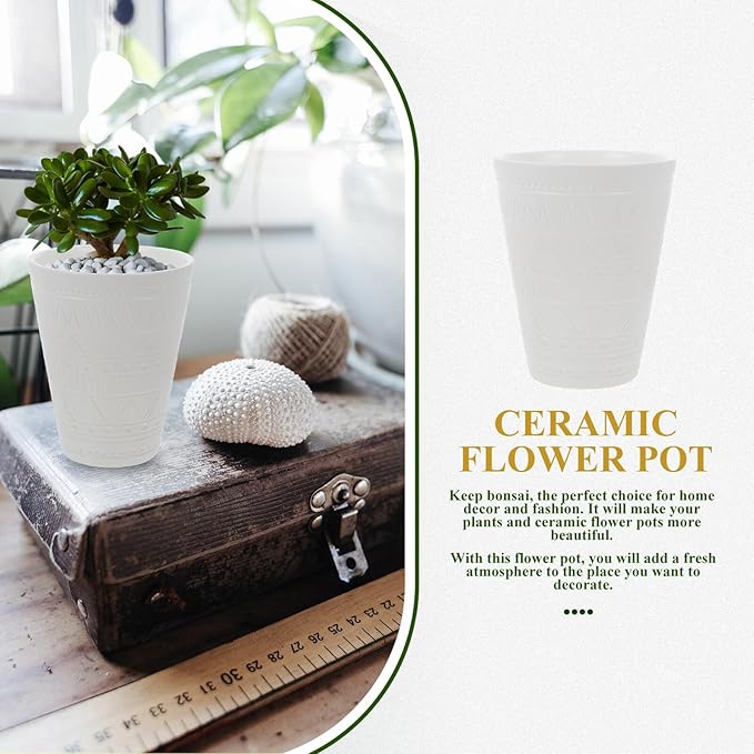 Ceramic Bonsai Planter with Geometric Pattern Indoor Plant Pot for Balcony Round Nursery Pot with Drainage White Glossy Flower Container for Office and Decor
