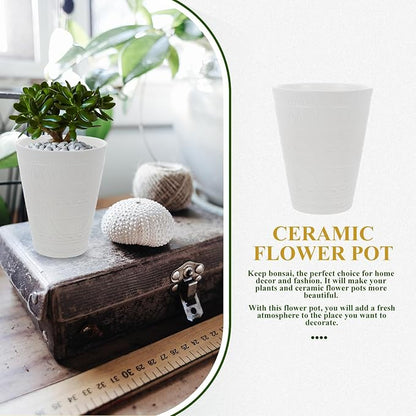 Ceramic Bonsai Planter with Geometric Pattern Indoor Plant Pot for Balcony Round Nursery Pot with Drainage White Glossy Flower Container for Office and Decor