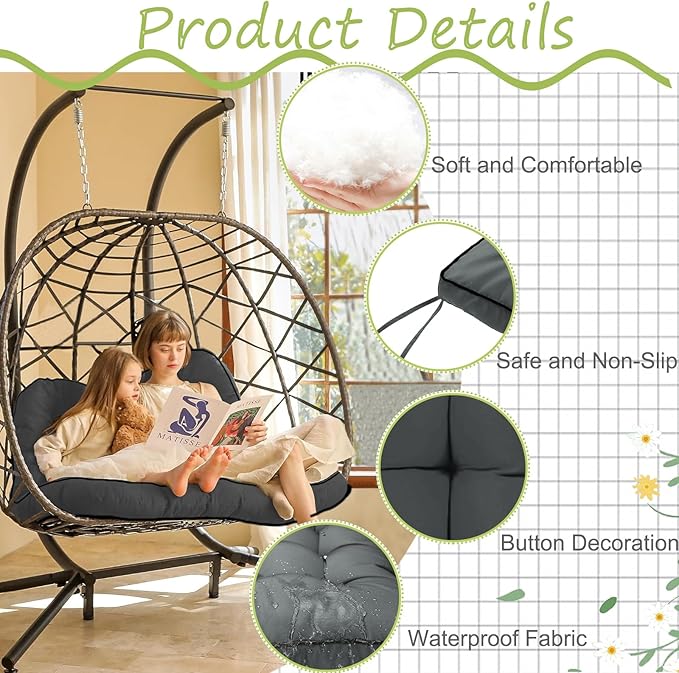 Swing Replacement Cushions with Backrest, 2 or 3 Seater Waterproof Non-Slip Overstuffed Swing Pad, Indoor/Outdoor Bench Cushion for Porch Chair Swings Garden Furniture (Dark grey, 40 * 55 in)