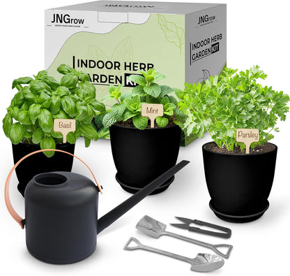 Indoor Garden Kit - Plant Pots with Drainage, Watering Can & Tools - Ideal Windowsill Planter Set - Modern Home & Kitchen Decor Gift - Black