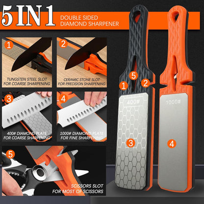 Diamond Sharpening Stone,400/1000 Grit Handheld Double-Sided Diamond Sharpener 5 in 1 Honeycomb Surface Knife Sharpener Plate Whetstone with Ceramic & Tungsten Steel Scissor Slot for Kitchen Outdoor