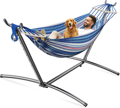 Double Hammock, Heavy Duty Portable, 500 lb Weight Capacity, Perfect for Both Indoors and Outdoors, 2 Person Hammock with Carrying Bag, Fine Blue