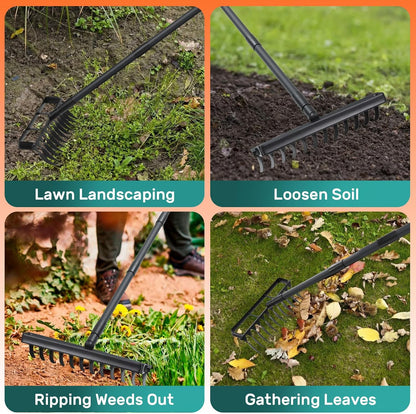 Stirrup Hoe with 76.8" Adjustable Long Handle Hula Hoe Weed Puller Heavy Duty Garden Hoe with 12 Tines Rake 2-in-1 Gardening Tool for Loosening Soil, Gathering Leaves, Weeding