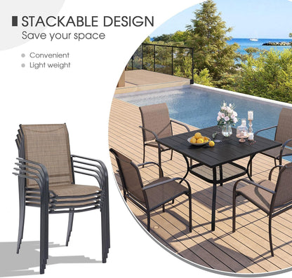 VICLLAX 5 Pieces Patio Dining Set, Outdoor Furniture Set Includes 37.8" Square Outdoor Table and 4 Stackable Patio Sling Chairs, Walnut Tabletop and Brown Fabric