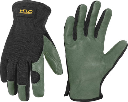 HANDLANDY Leather Work Gloves for Men & Women, Reinforced Durable Garden Gloves, Cowhide Working Glove for Gardening