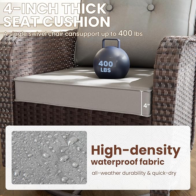 Gotland 3 Pieces Patio Set, Outdoor Swivel Chairs Set of 2 with 4'' Waterproof Cushions High Back Double-Layer Side Table, Wicker Rocking Patio Chairs Set of 2 for Balcony, Porch, Garden Gray