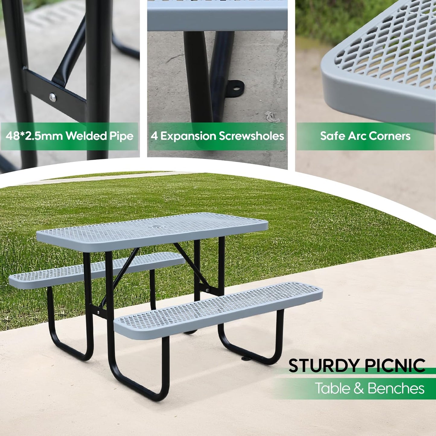 6FT Metal Picnic Tables for Outdoors, Commercial Rectangular Picnic Table and Bench Set for Outside, Patio, Garden, Backyard, Porch, Surface Mount, Grey
