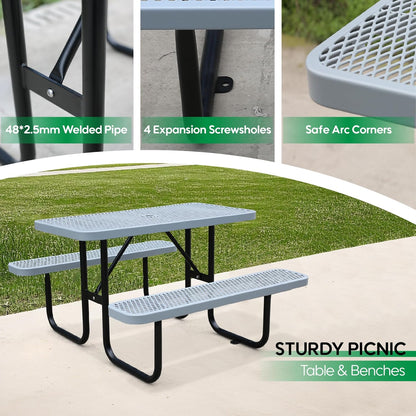 6FT Metal Picnic Tables for Outdoors, Commercial Rectangular Picnic Table and Bench Set for Outside, Patio, Garden, Backyard, Porch, Surface Mount, Grey