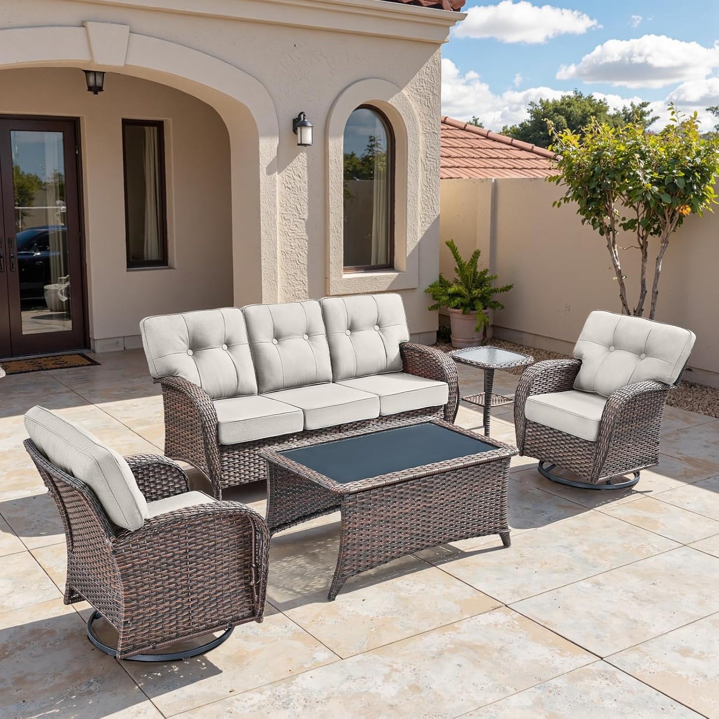 5-Piece Rotating Balcony Chair Set with 31-inch T-Shaped Wide backrest - Rattan Outdoor Rotating Balcony Chairs, Wide backrest Comfortable Outdoor Sliding Chair - Brown | Beige